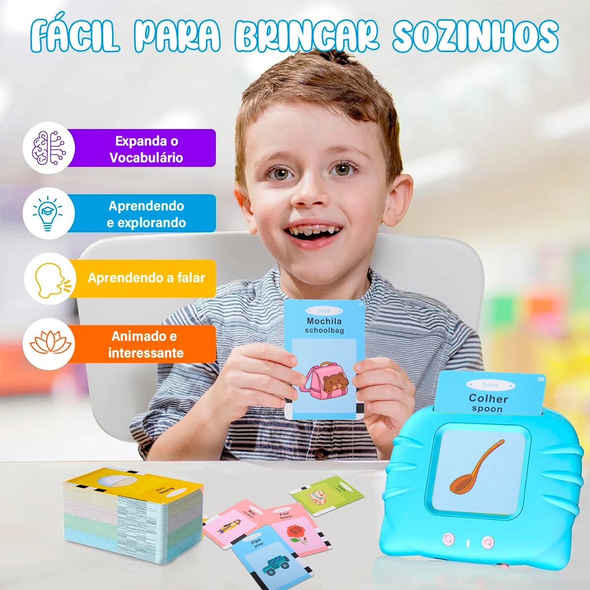 Leitor de Cartões em Português e Inglês – Livro Eletrônico Infantil com Áudio