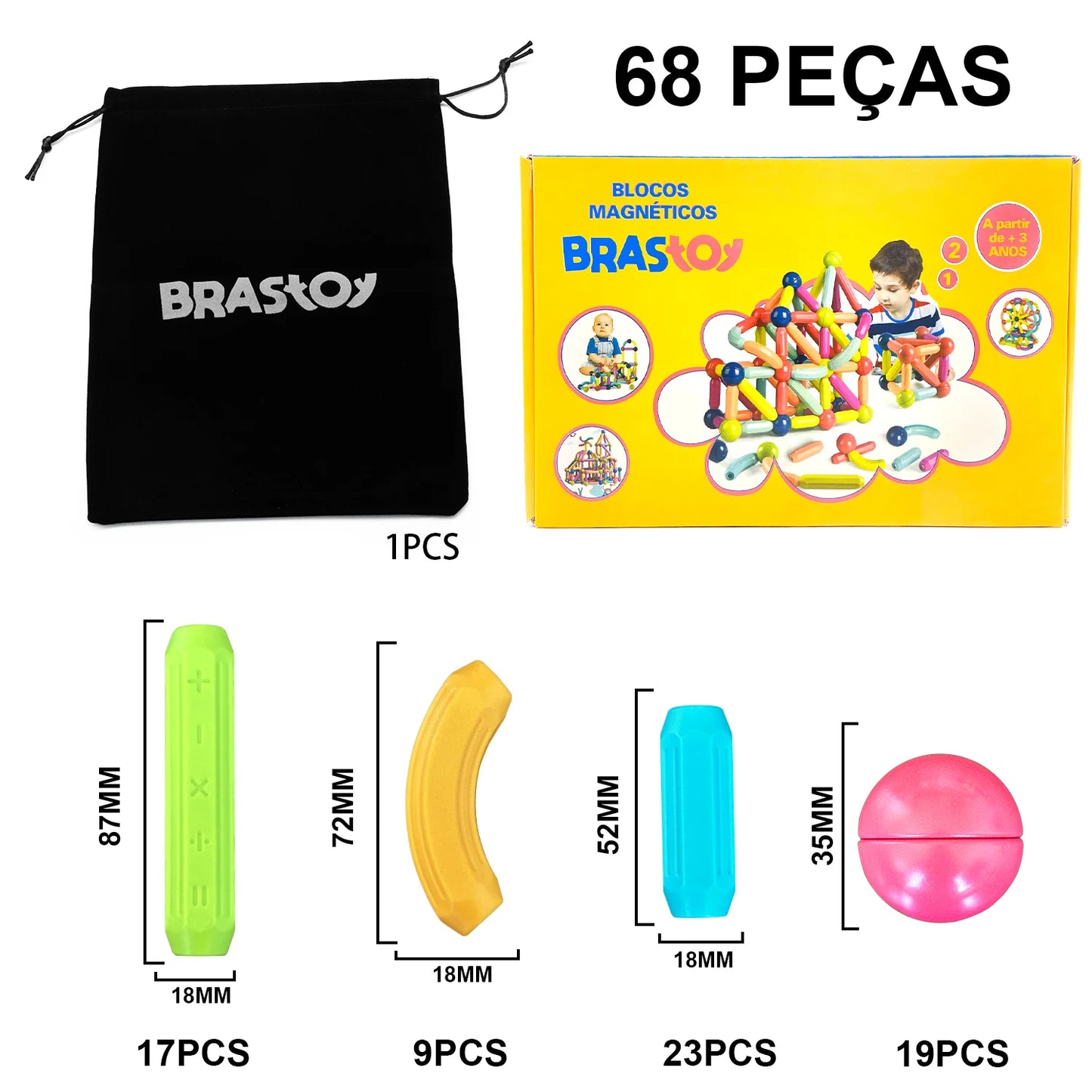 Blocos de Construção Magnéticos – 68 Peças