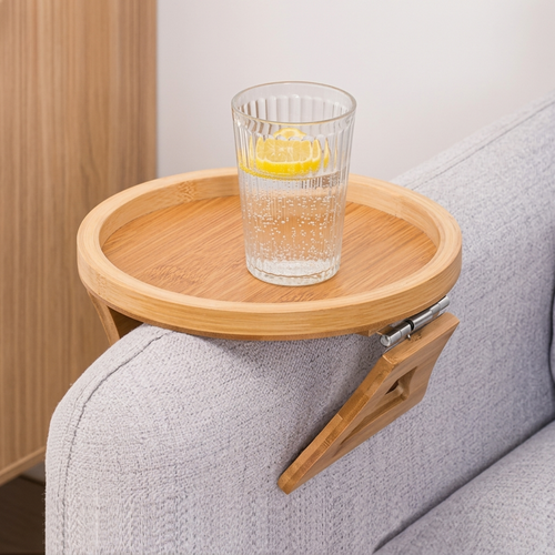 Bandeja Redonda Dobrável de Bambu - Apoio de Sofá 25cm