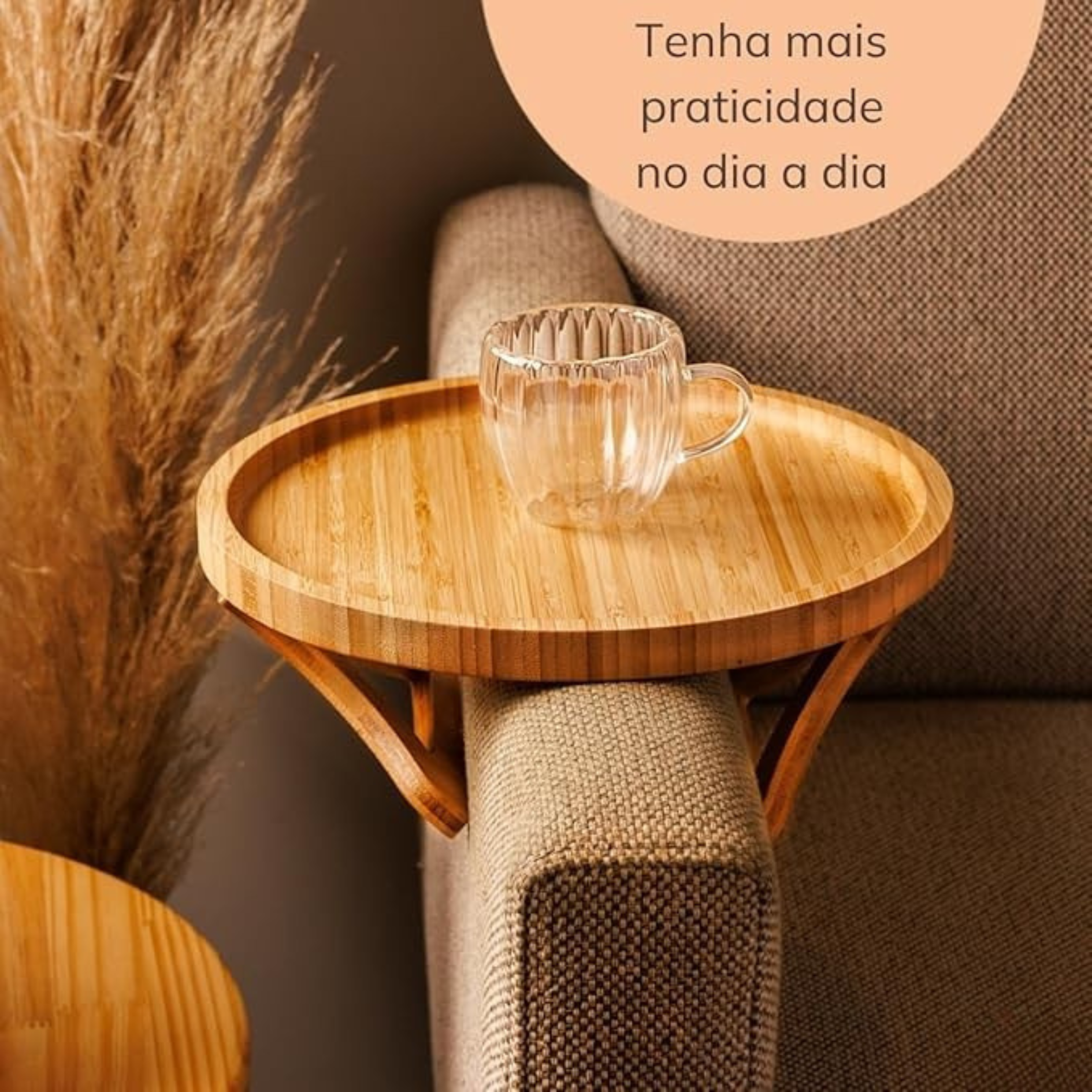 Bandeja Redonda Dobrável de Bambu - Apoio de Sofá 25cm