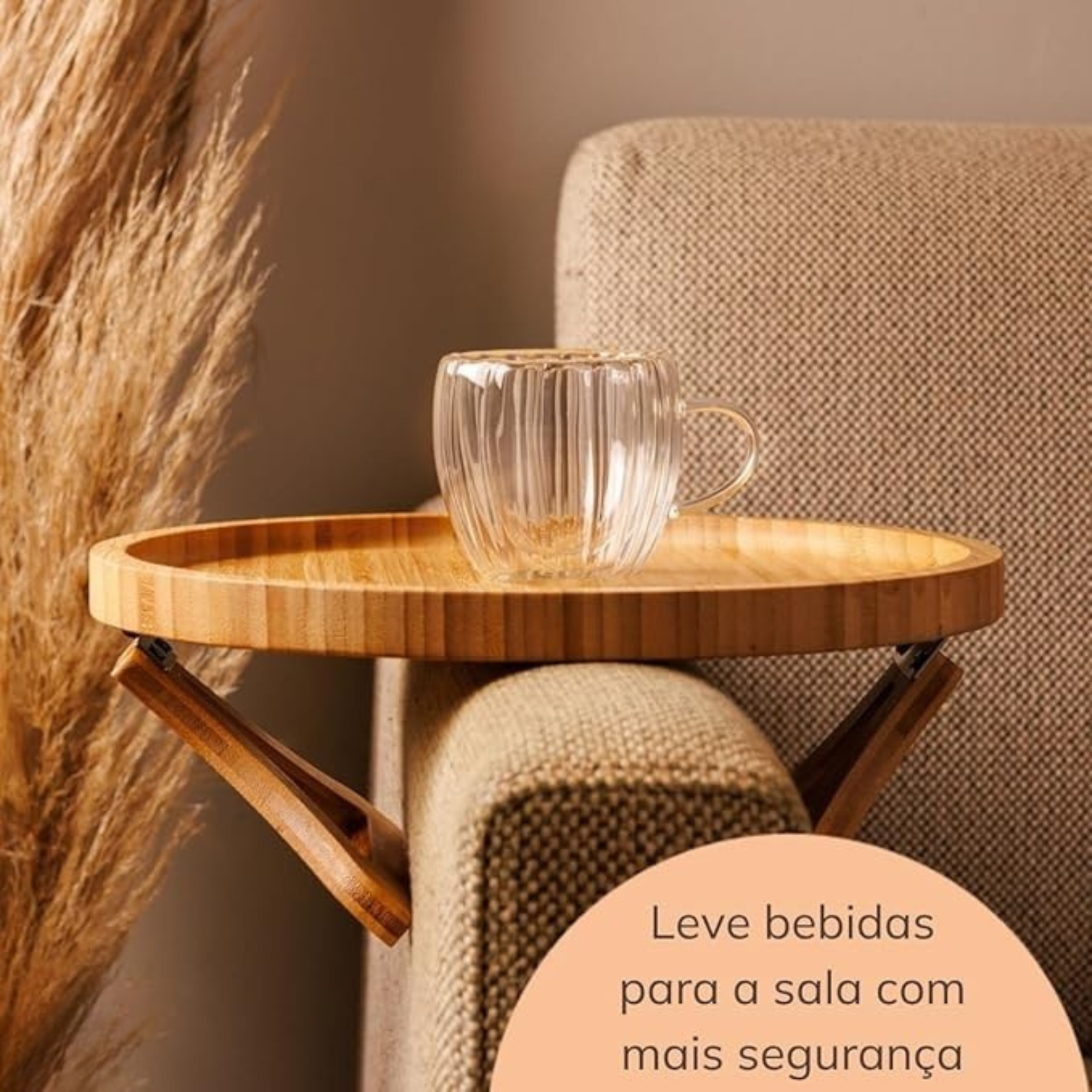 Bandeja Redonda Dobrável de Bambu - Apoio de Sofá 25cm
