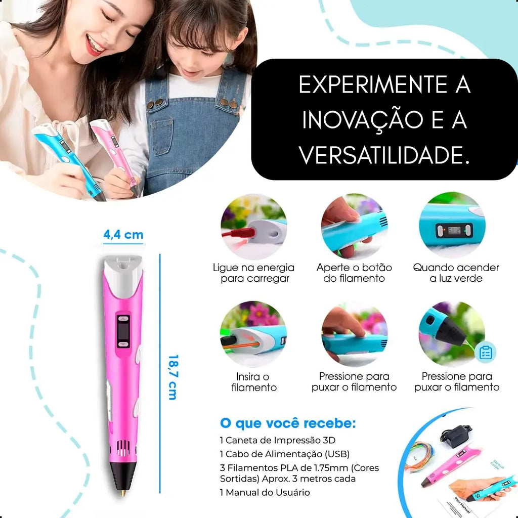 Caneta 3D Manual com Filamentos