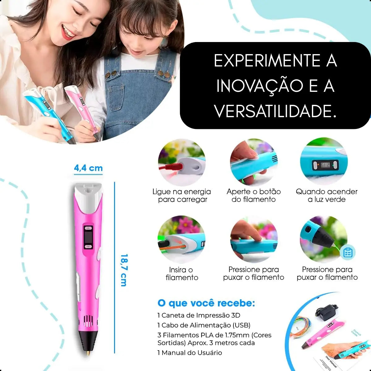 Caneta 3D Manual com Filamentos