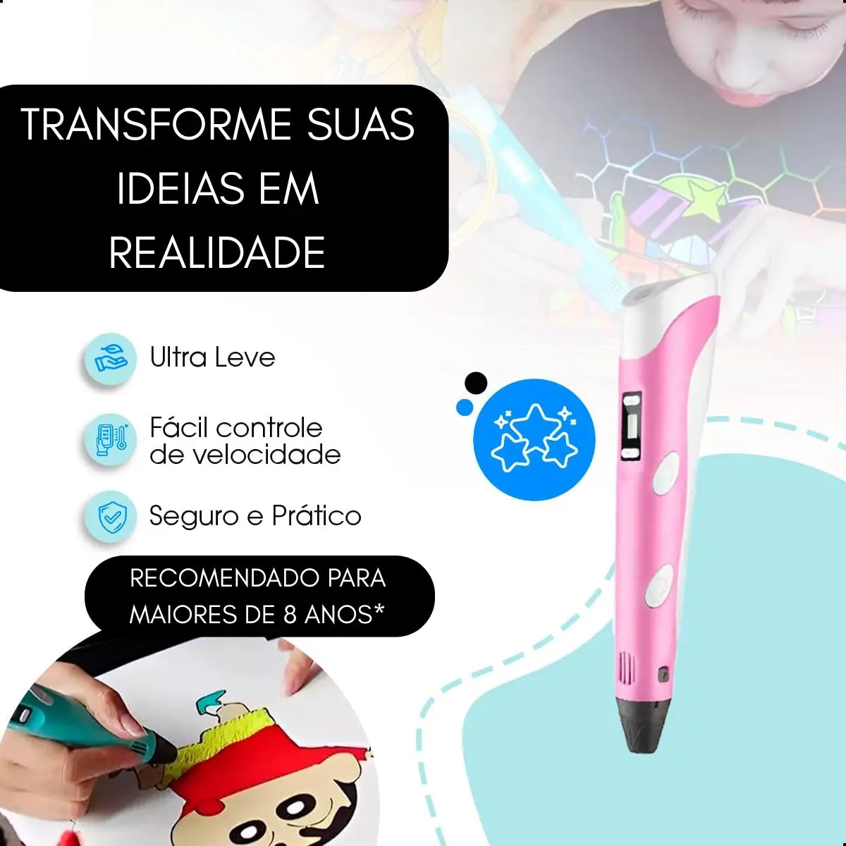 Caneta 3D Manual com Filamentos