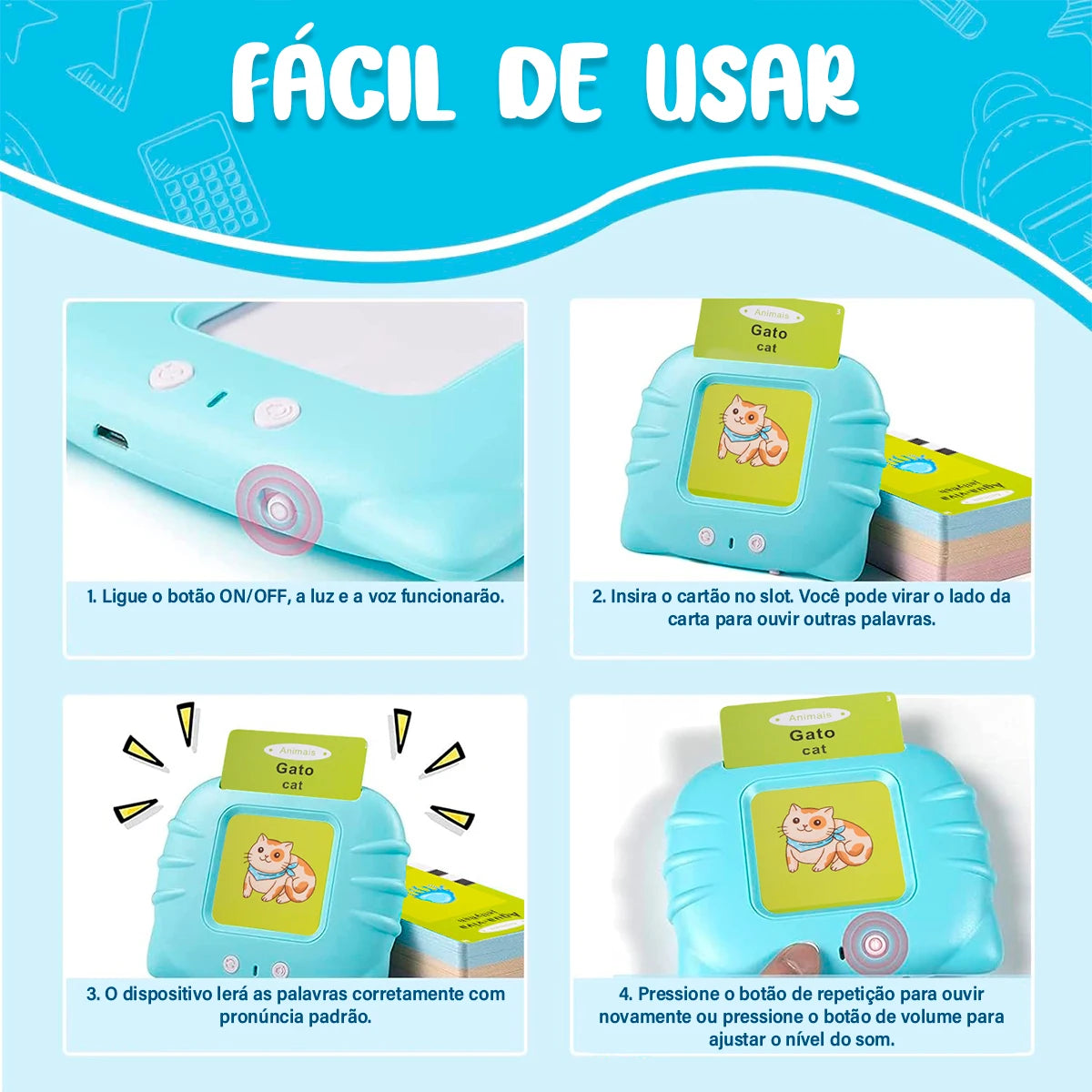 Leitor de Cartões em Português e Inglês – Livro Eletrônico Infantil com Áudio