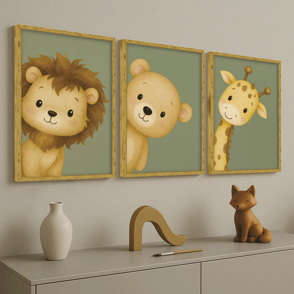 Kit 3 Quadros Decorativos de Bichinhos -  Quarto Infantil