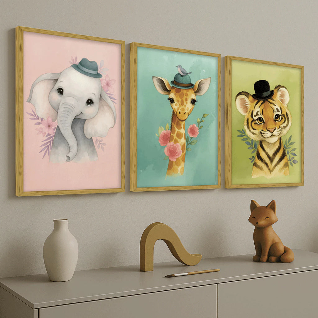Kit 3 Quadros Decorativos de Bichinhos -  Quarto Infantil