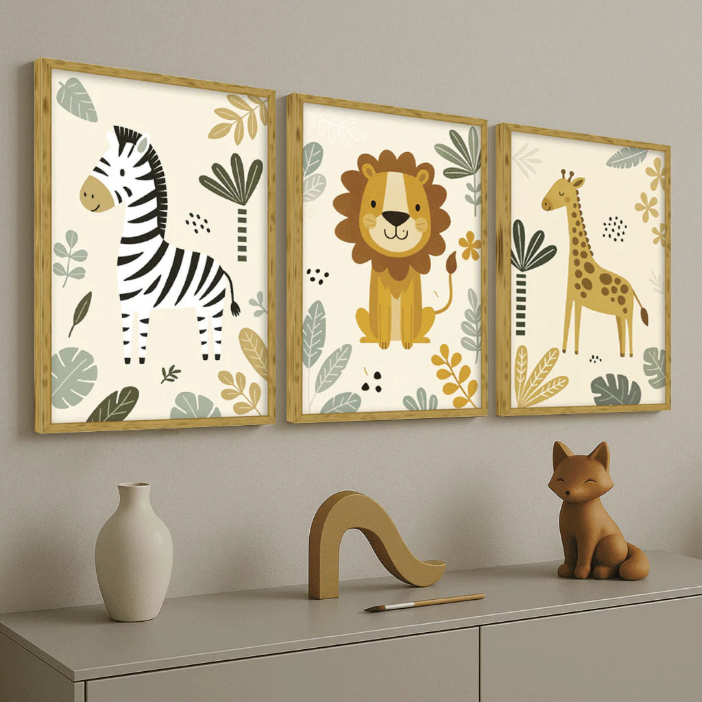 Kit 3 Quadros Decorativos de Bichinhos -  Quarto Infantil