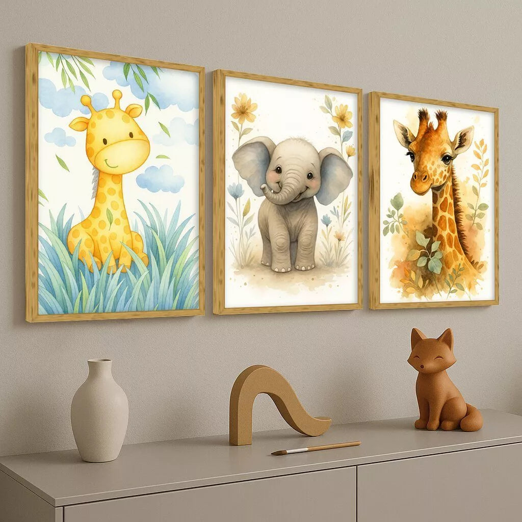 Kit 3 Quadros Decorativos de Bichinhos -  Quarto Infantil