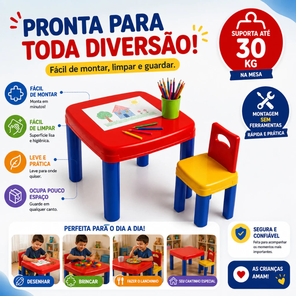 Mesa com Cadeira Desmontável de Plástico – Quarto Infantil