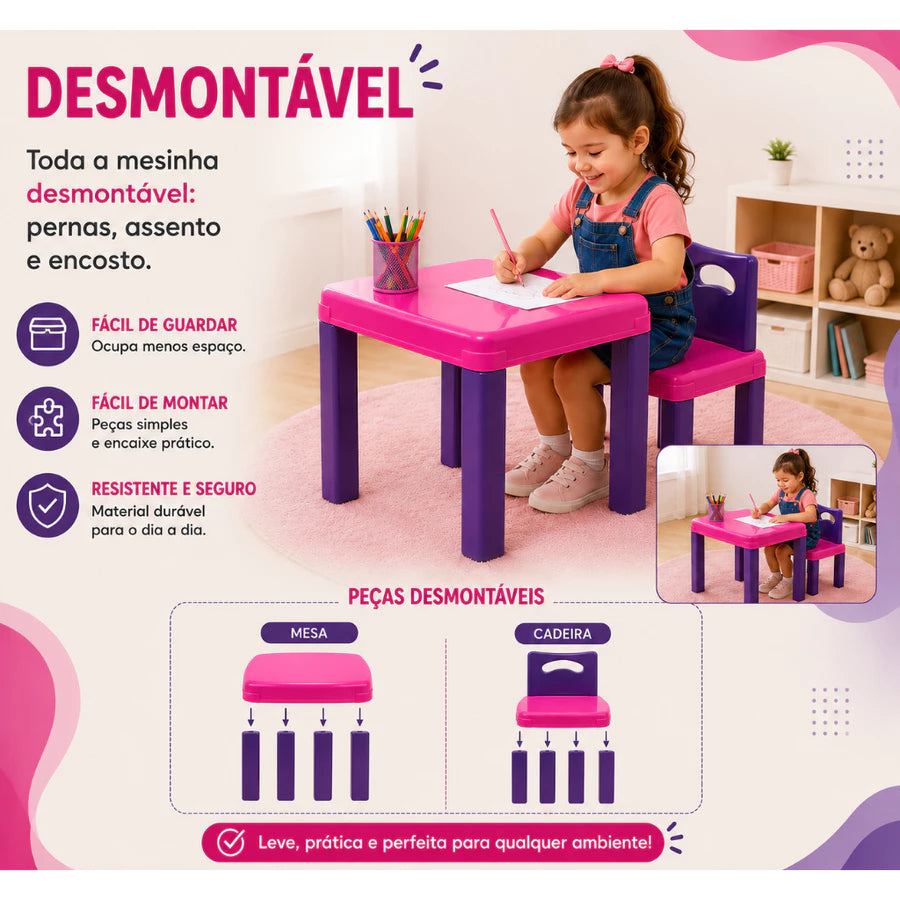 Mesa com Cadeira Desmontável de Plástico – Quarto Infantil