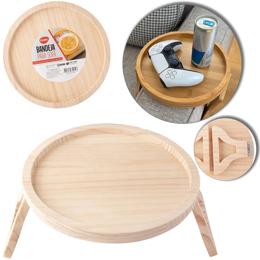 Bandeja Redonda Dobrável de Bambu - Apoio de Sofá 25cm